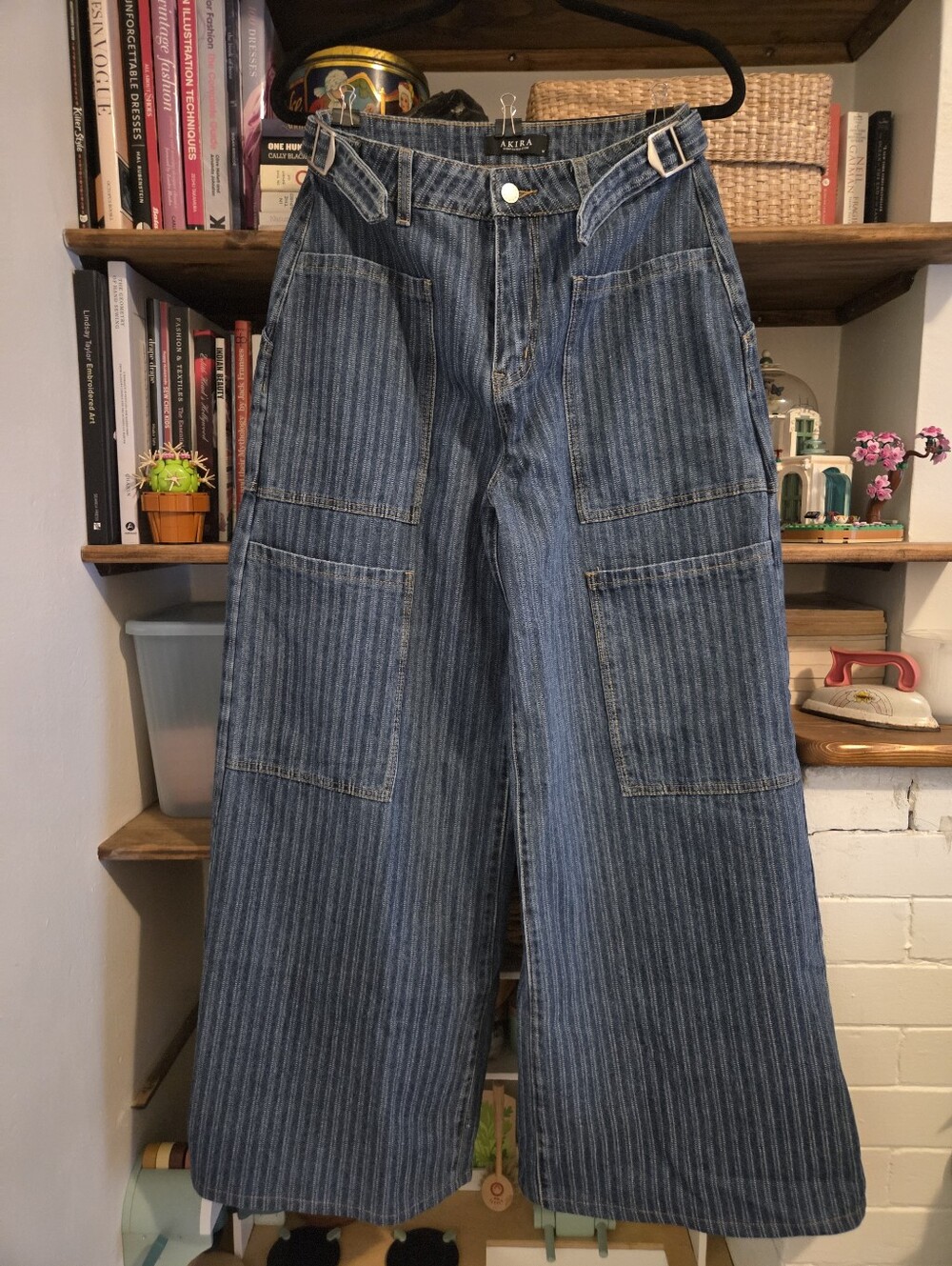 AKIRA Blue Pinstripe Wide-Leg Jeans with Patch Pockets